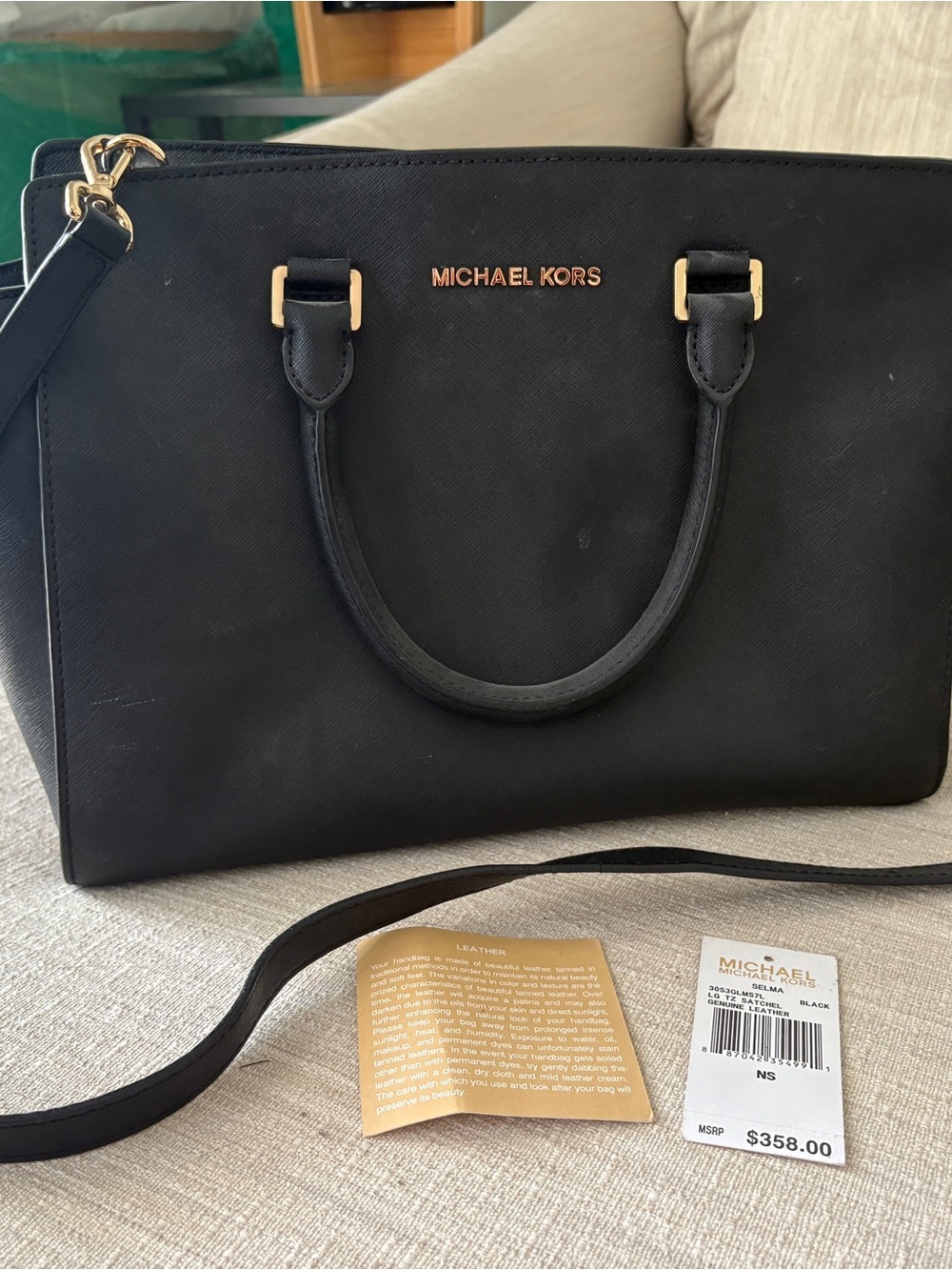 MICHAEL KORS Black Saffiano Leather Satchel with Gold Hardware
